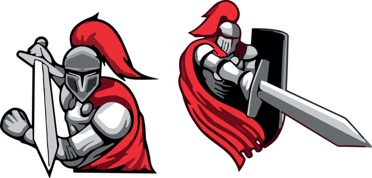 Medieval Knight and Spartan Warrior Vector Mascot Set with Plumed Helmets Swords and Shields Isolated on White Background for Sports Logos