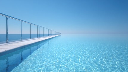 Fototapeta premium Clean geometric architecture defines an azure infinity pool merging with the distant ocean horizon under a bright sky