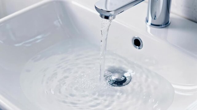 Close up of clean water flowing from modern faucet into white ceramic sink in bathroom