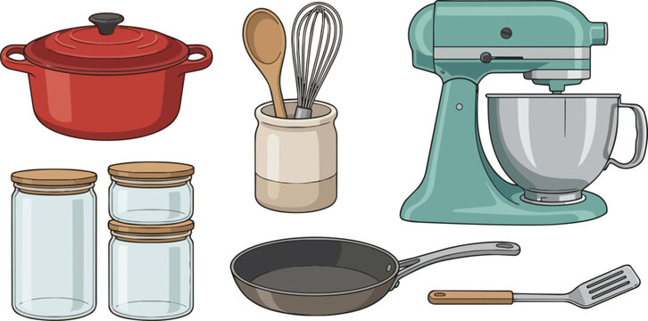 Kitchen Utensils and Cookware with Mixer, Pot, Pan, Jars and Cooking Set Vector Illustration 
