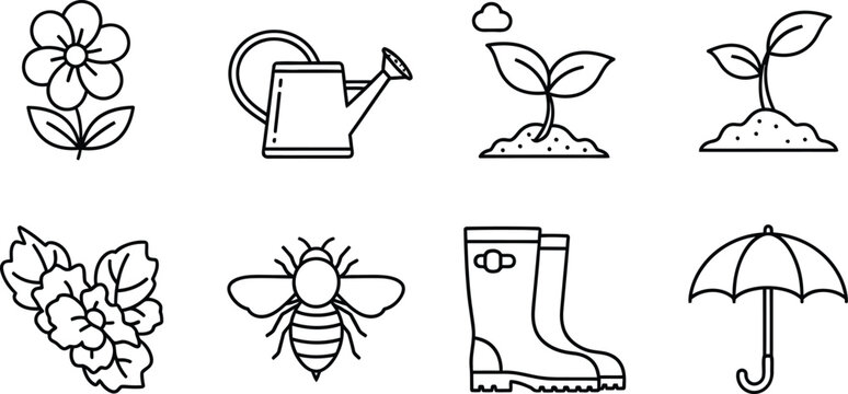 Line of gardening and weather symbols, including plants, flower, bee, and tools line gardening