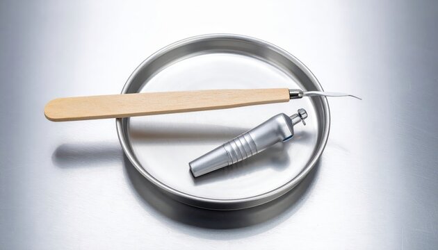 Wooden tongue depressor and silver penlight on a metal tray, a sterile medical examination setup
