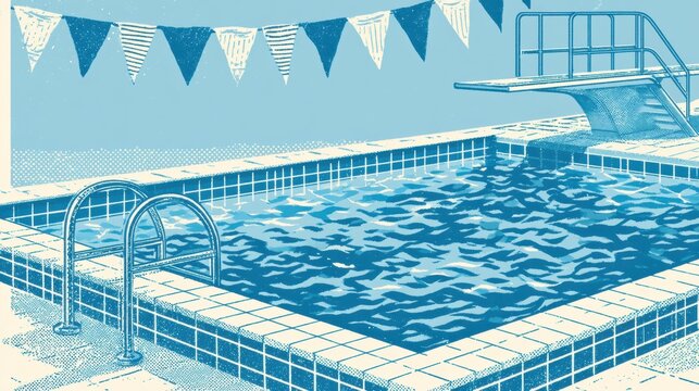 Illustration shows a school swimming pool setting from the 1960s with tile edges, a diving board, and colorful pennant flags hanging above the water.