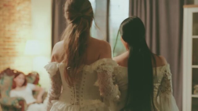 woman queen and friends maids of honor communicate talk. noble lady makes reference girl princess sitting on sofa have fun tea party room. Ball gown white vintage dress old style art. Back rear view.