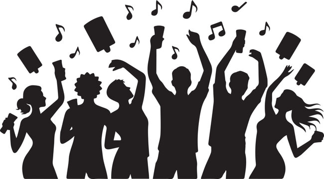 Diverse group of people celebrating and dancing with drinks and music notes at party.