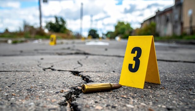 Yellow evidence marker numbered three next to a spent bullet casing on a cracked asphalt road surface.