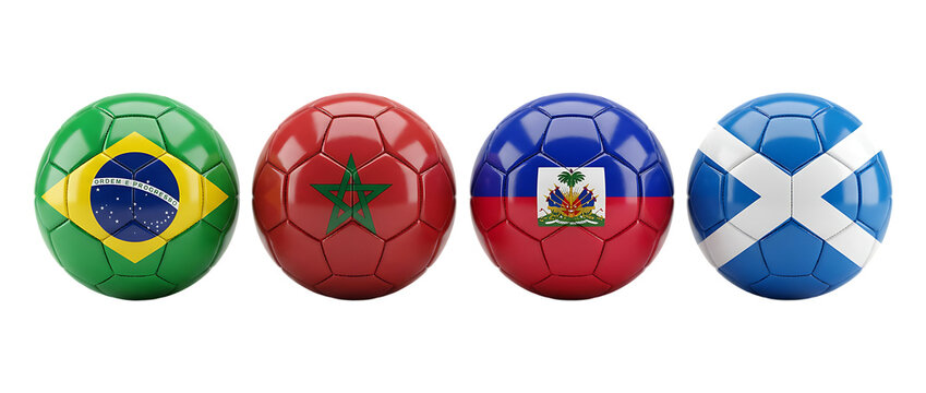Soccer balls featuring national flags of brazil morocco haiti and scotland on transparent background for sports championship events and global tournament design.