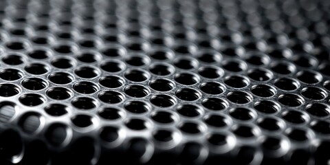Obraz premium This close-up image showcases a perforated metal sheet, emphasizing geometric patterns and textures that reflect industrial strength, modern design, and artistic potential.