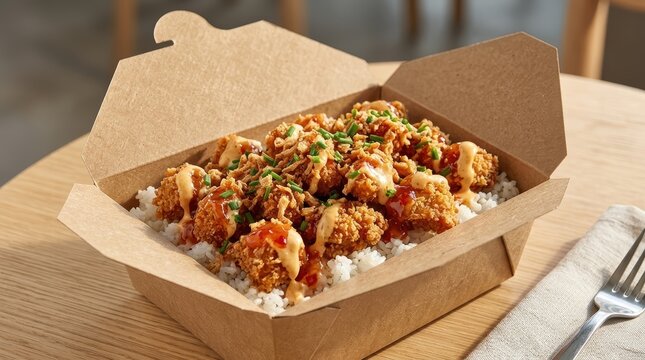 French Crousty Food. Delicious Fried Chicken Rice Bowl With Fresh Vegetables And Herbs, Served In A Rustic Bowl.