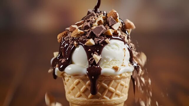Delicious ice cream dessert with chocolate sauce and nuts, a sweet treat indulgence in a white cup, studio shot of yummy still life
