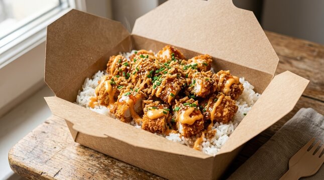 French Crousty Food. Delicious Fried Chicken Rice Bowl With Fresh Vegetables And Herbs, Served In A Rustic Bowl.