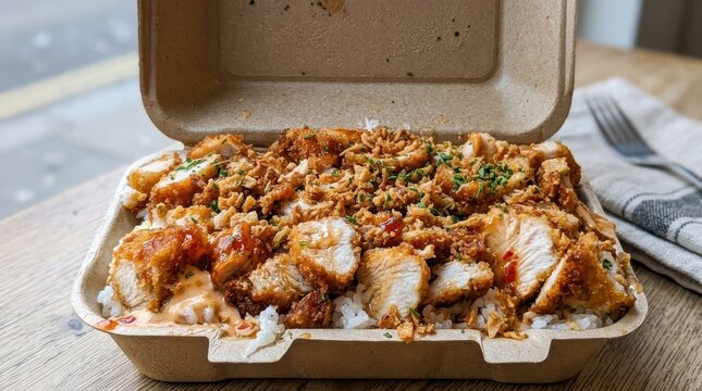 French Crousty Food. Delicious Fried Chicken Rice Bowl With Fresh Vegetables And Herbs, Served In A Rustic Bowl.