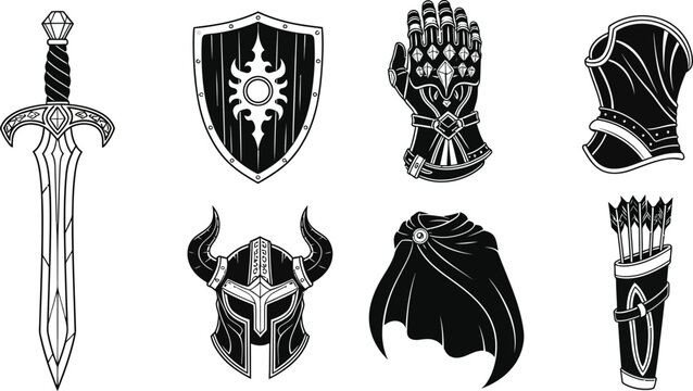Medieval armor and black and white sword shield gauntlet
