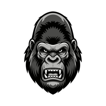 Angry gorilla face illustration, monochrome animal design on white background