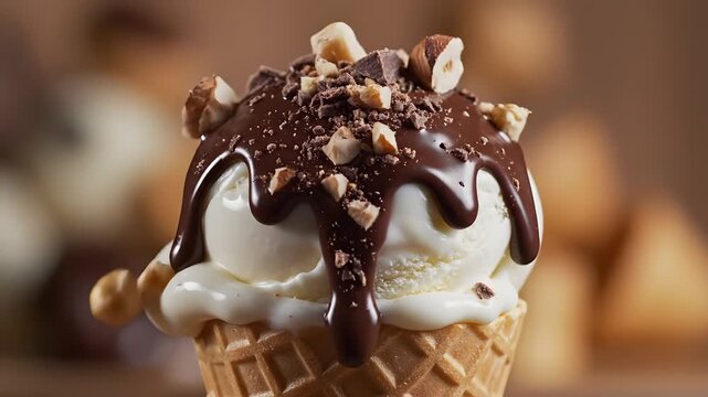 Delicious ice cream dessert with chocolate sauce and nuts, a sweet treat indulgence in a waffle cone