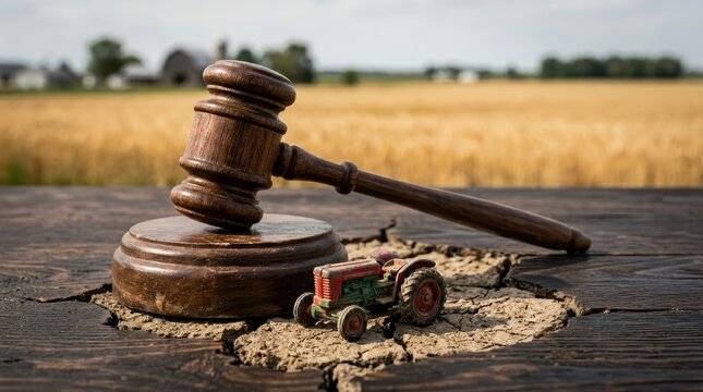 Close-Up Of A Toy Tractor, Gavel, And Parcheesi Game, Suggesting Legal Or Agricultural Themes
