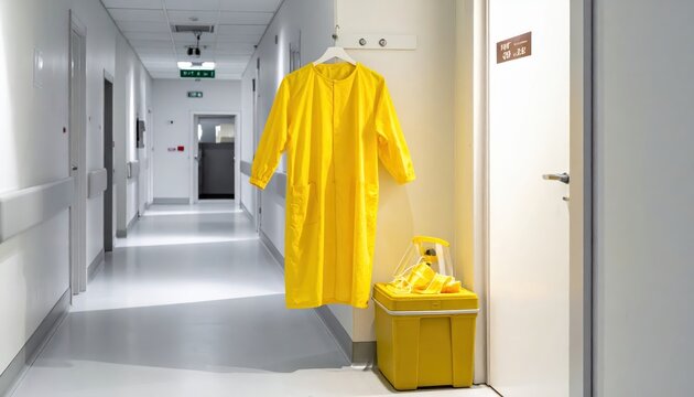 Yellow isolation gown hanging on a hook next to a box of face shields and masks in a hospital corridor