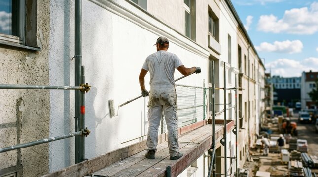 Painter Using A Paint Roller To Apply White Paint On A Wall In A Home Interior.