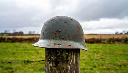 Obraz premium Worn WWII steel helmet, rusted and dented, resting on a wooden post in a grassy field with a cloudy sky