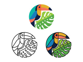 Fototapeta premium Toucan Bird Monstera Leaf Logo Set, Tropical Flat Vector Illustration Template