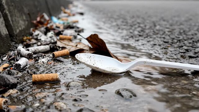 Trash accumulates on wet street with cigarette butts and plastic spoon. Urban setting highlights pollution concerns. Concept of environmental awareness, waste management, public health