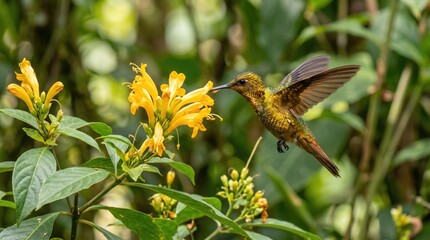 Fototapeta premium Hummingbird feeding on yellow flowers in a lush green garden