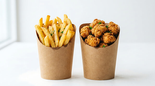 Delicious crispy golden french fries and bite-sized chicken pieces served in rustic paper cups, ready for a quick meal