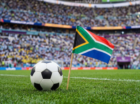 South african flag and football on green field in stadium