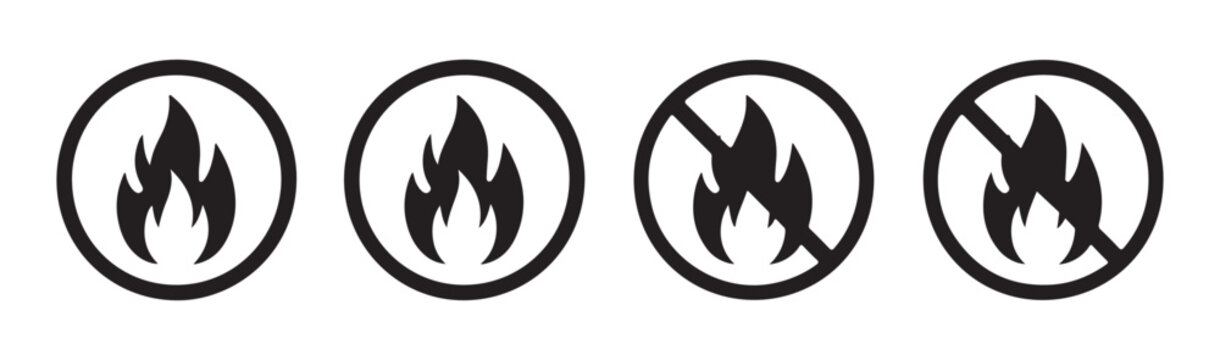 Set of circle icons with fire flame symbols and forbidden signs for danger warning or alert designs.
