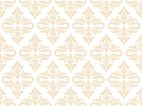 Minimalist beige damask seamless pattern background. Luxury vintage floral vector ornament with bold clean silhouettes, classic ogee wallpaper texture, elegant retro backdrop for modern wedding.