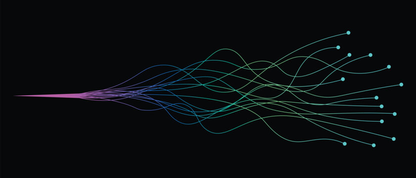 Abstract digital stream of glowing neon particles and light waves flowing through dark space as a concept of network connectivity and high speed data transfer in motion