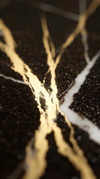 A close-up of black granite with prominent gold and white veins, showcasing a sophisticated and luxurious texture with a unique pattern.