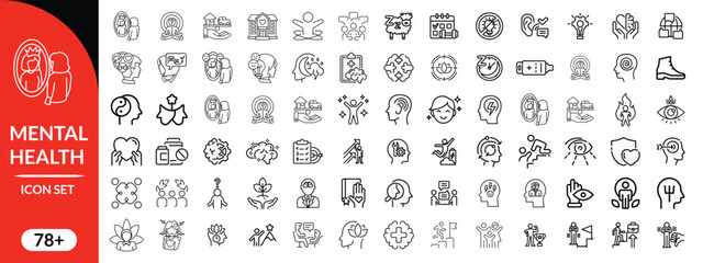 Fototapeta premium Mental health icon set. Containing depression, bipolar, PTSD, panic and mind disorder icons. Psychology solid symbol vector illustration