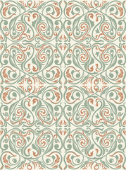 Fototapeta premium Seamless Floral Damask Pattern with Elegant Ornate Swirls and Leaf Motifs in Sage Green and Burnt Orange