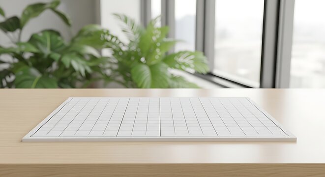 Blank table chart on wooden desk in bright modern office