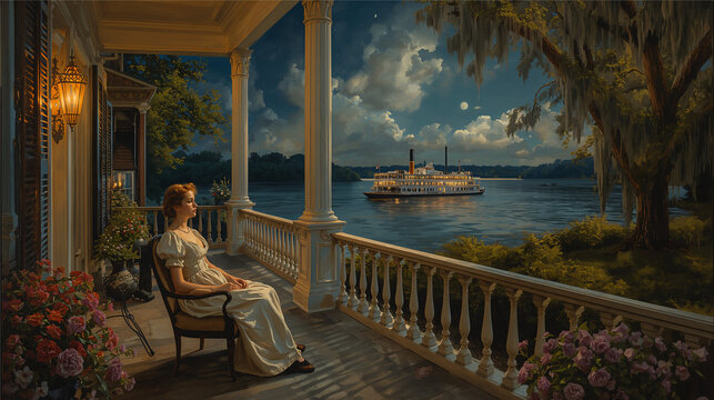 Woman on veranda of a southern plantation house with view on the mississippi river with a paddle steamer