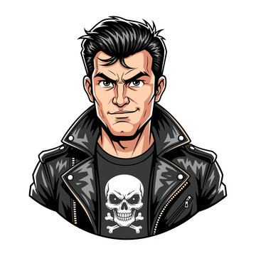 Retro Cartoon Portrait: Stylish Man Skull Tee, Leather Jacket