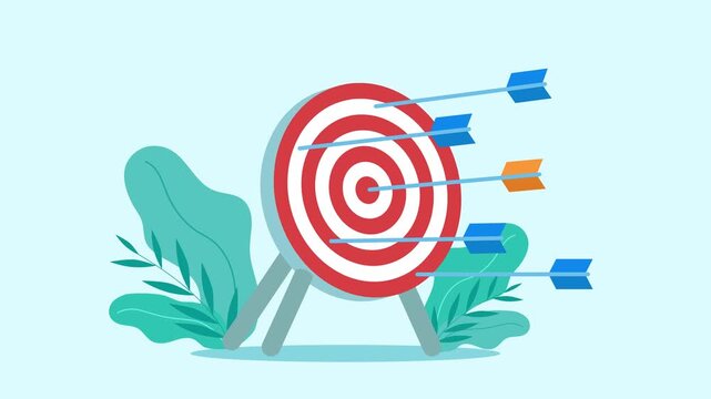 Animation of a target with arrows. Several arrows miss the target, but only one succeeds. Implementation of the target and plans. Video clip in flat design