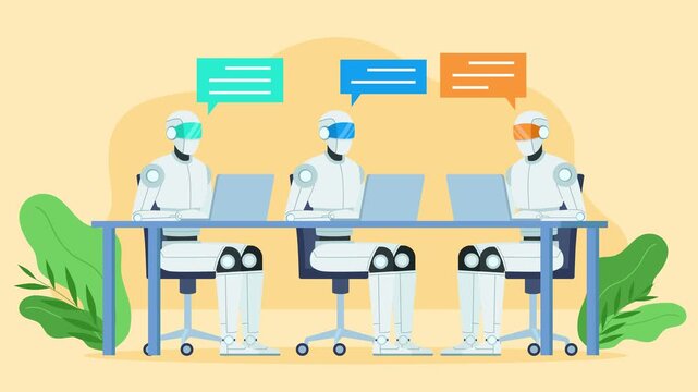 A checklist with green checkers. AI robots are located next to the checkers, working on a laptop. AI assistants help achieve goals. Animation in flat design style.