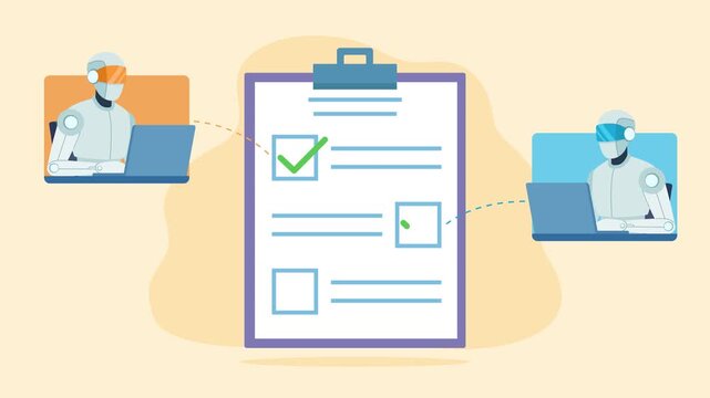 A checklist with green checkers. AI robots are located next to the checkers, working on a laptop. AI assistants help achieve goals. Animation in flat design style.