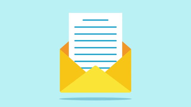 Animation of a yellow card opening to reveal a document inside. Opening an envelope containing a letter. Viceo clip in flat design style.