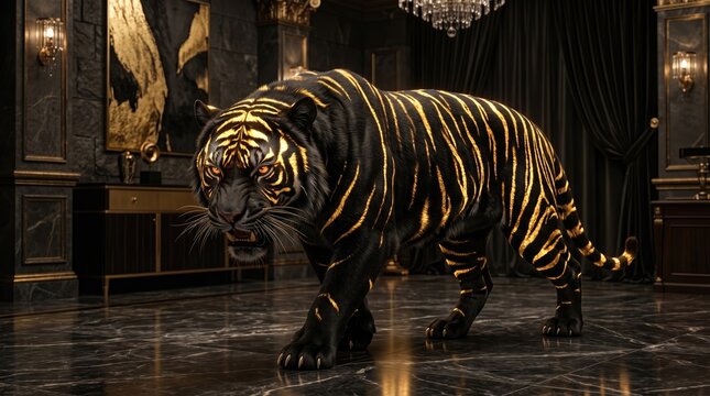 Golden tiger in luxurious dark room with marble floor and chandelier