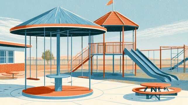 Children play on a 1960s playground featuring a merry-go-round, a metal slide, and monkey bars in a colorful outdoor setting.
