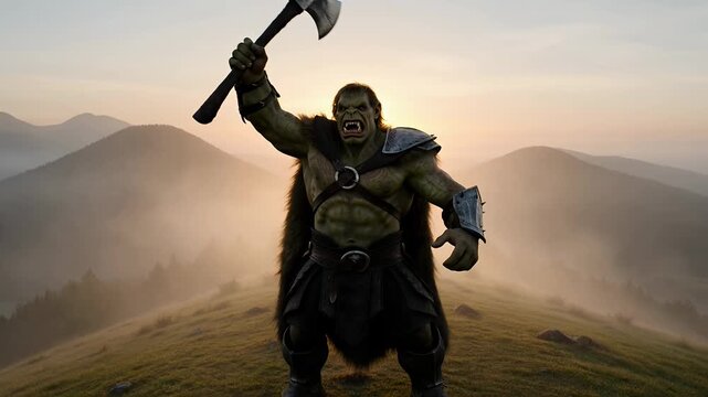 Powerful Orc Warrior Holding Battle Axe on Misty Mountain at Sunrise