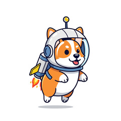 Naklejka premium Cartoon Corgi Astronaut with Rocket, Space Explorer Isolated