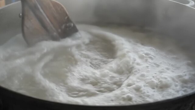 Wooden Spoon Stirring White Rice Porridge in Large Pot