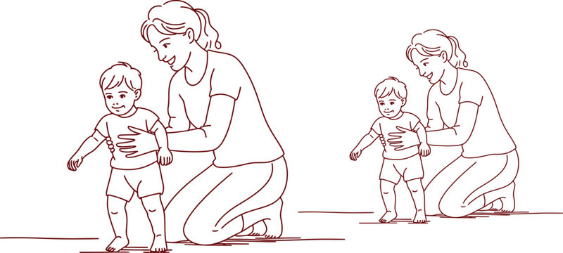 Vector illustration of mother helping toddler walk, baby learning to stand, parenting moments