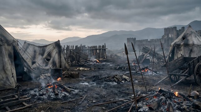 Ruined Medieval Battlefield After Intense Combat and Fire