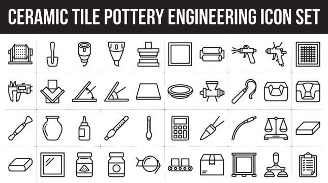 Ceramic tile and pottery manufacturing engineering icon set featuring industrial production tools and material testing equipment vector