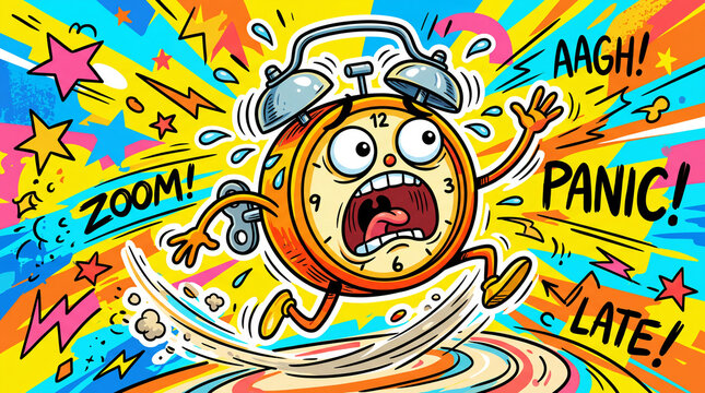Funny cartoon alarm clock running late with panic and zoom motion lines, expressing stress and urgency